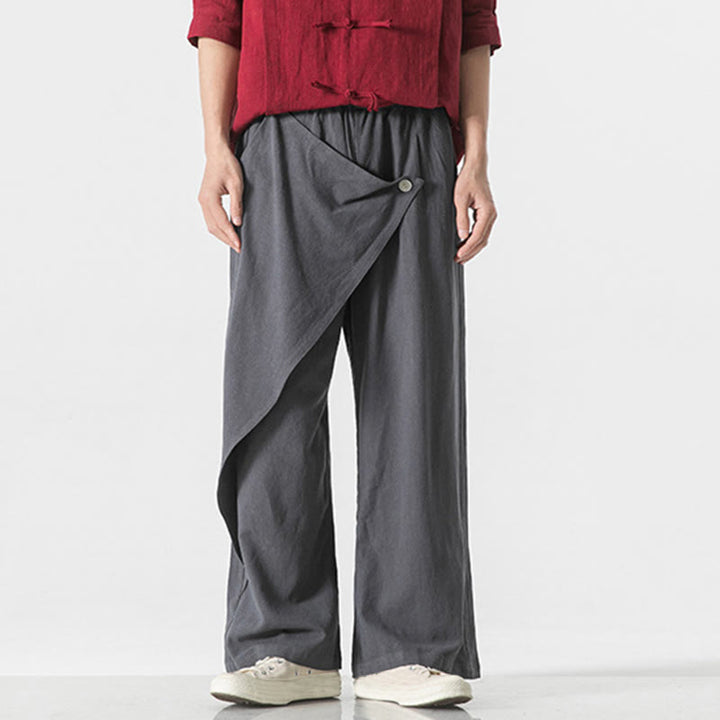 Pantalones de algodón lisos para hombre con diseño asimétrico y parches de Buddha Stones y bolsillos - image 6