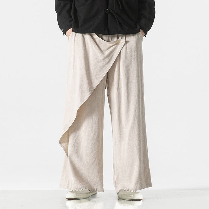 Pantalones de algodón lisos para hombre con diseño asimétrico y parches de Buddha Stones y bolsillos - image 23