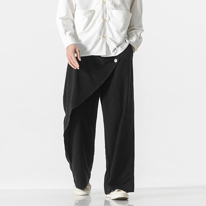 Pantalones de algodón lisos para hombre con diseño asimétrico y parches de Buddha Stones y bolsillos - image 16