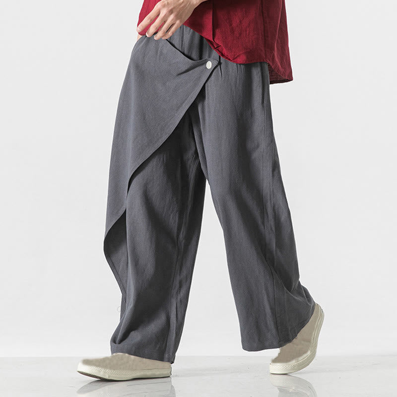 Pantalones de algodón lisos para hombre con diseño asimétrico y parches de Buddha Stones y bolsillos - image 0