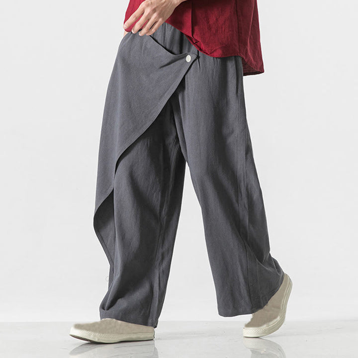 Pantalones de algodón lisos para hombre con diseño asimétrico y parches de Buddha Stones y bolsillos - image 0