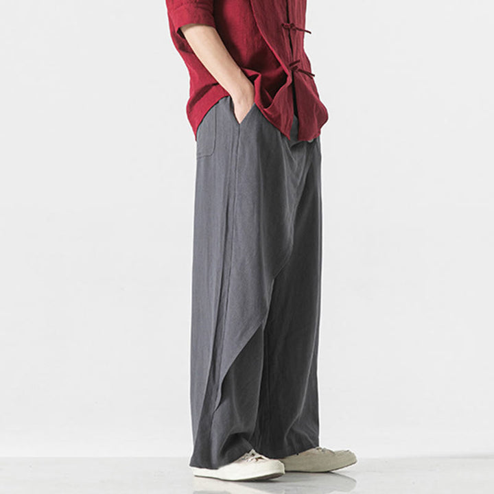 Pantalones de algodón lisos para hombre con diseño asimétrico y parches de Buddha Stones y bolsillos - image 8