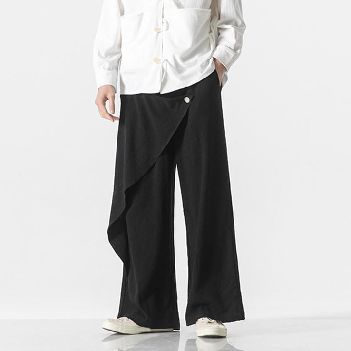 Pantalones de algodón lisos para hombre con diseño asimétrico y parches de Buddha Stones y bolsillos - image 13