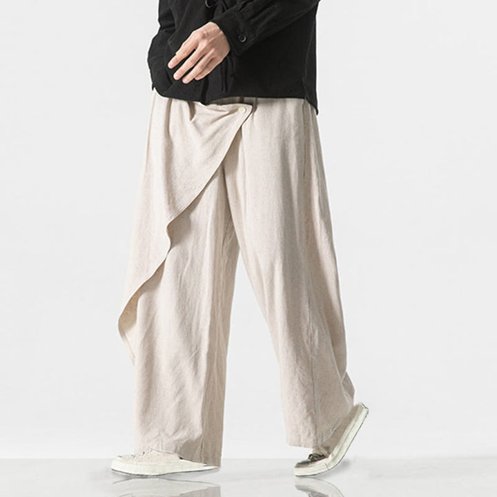 Pantalones de algodón lisos para hombre con diseño asimétrico y parches de Buddha Stones y bolsillos - image 20