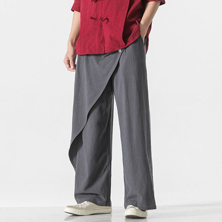 Pantalones de algodón lisos para hombre con diseño asimétrico y parches de Buddha Stones y bolsillos - image 5