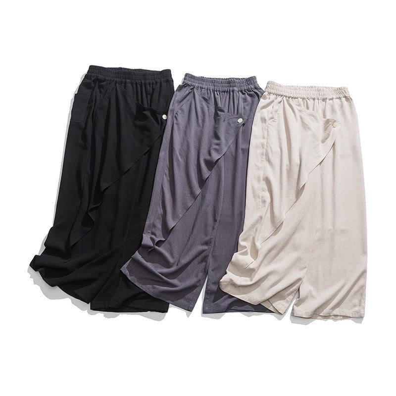 Pantalones de algodón lisos para hombre con diseño asimétrico y parches de Buddha Stones y bolsillos - image 32