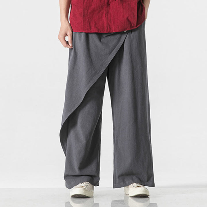 Pantalones de algodón lisos para hombre con diseño asimétrico y parches de Buddha Stones y bolsillos - image 3