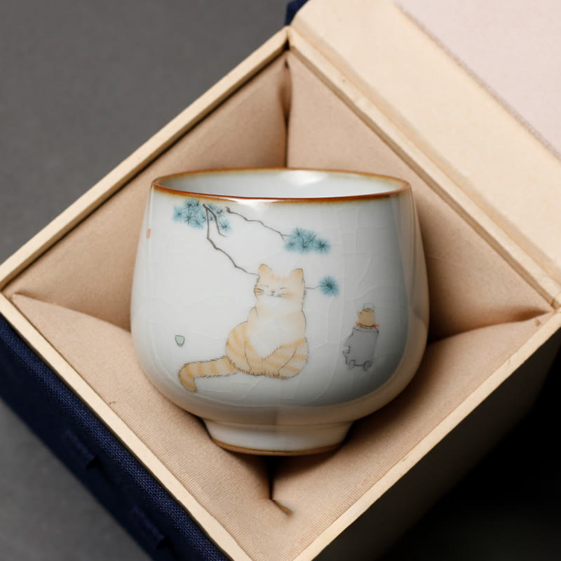 Buddha Stones Taza de té de kung fu con ramas de gato y caja de regalo - image 1