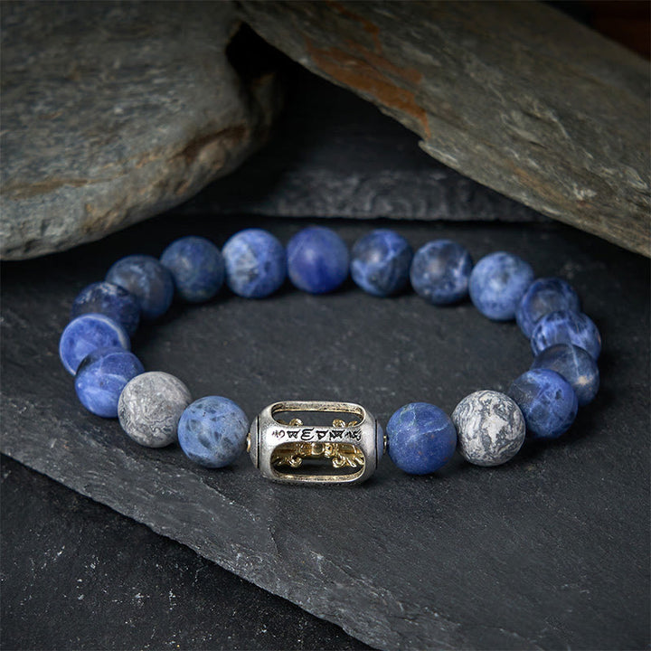 Buddha Stones Pulsera de armonía Om Mani Padme Hum de jaspe gris sodalita natural - image 1