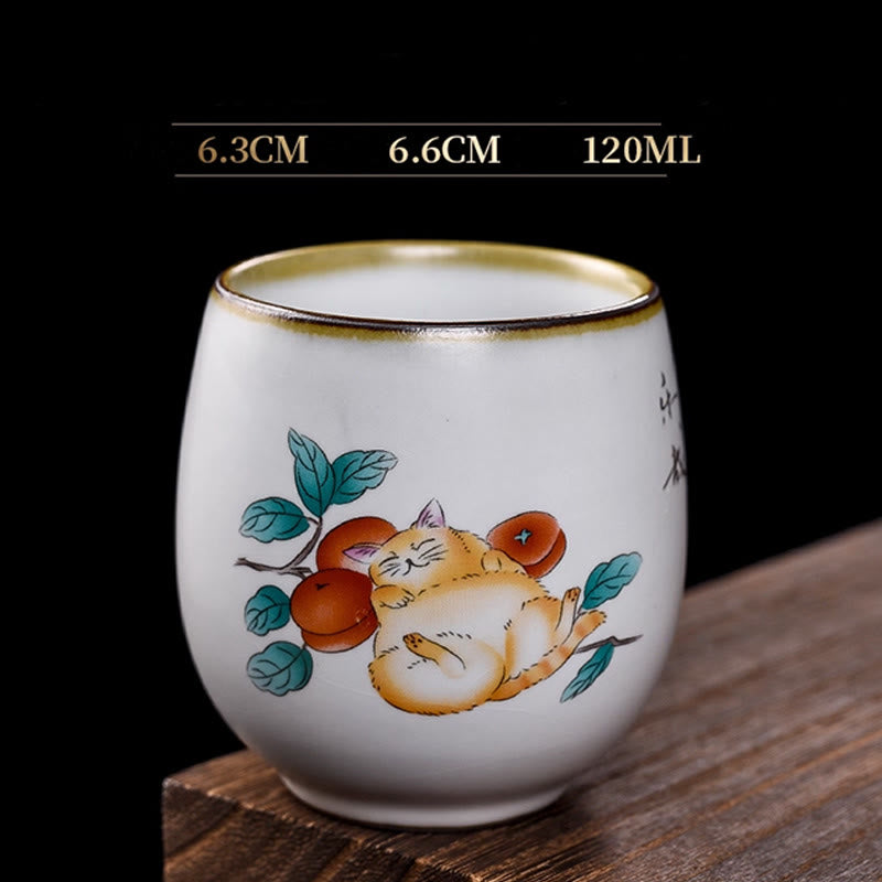 Taza de té de kung fu con diseño de gato acostado y ramas de Buddha Stones con caja de regalo - Gato tumbado y ramas 6,3 cm x 6,6 cm x 120 ml - image 0