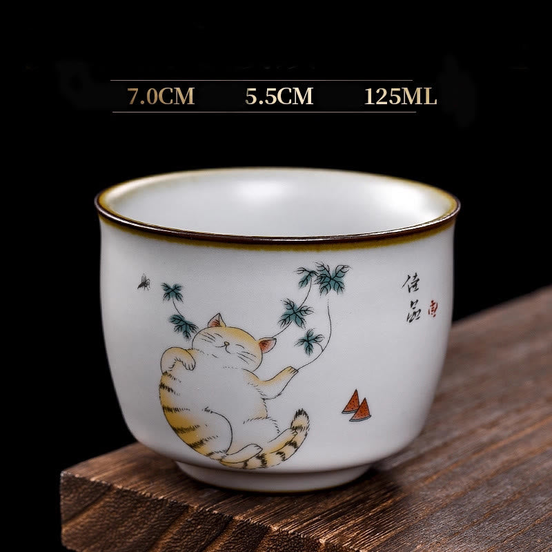 Taza de té de kung fu con diseño de gato acostado y ramas de Buddha Stones con caja de regalo - Gato tumbado y hojas 7 cm x 5,5 cm x 125 ml - image 18