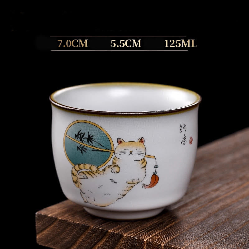 Taza de té de kung fu con diseño de gato acostado y ramas de Buddha Stones con caja de regalo - Gato tumbado y abanico 7 cm x 5,5 cm x 125 ml - image 19