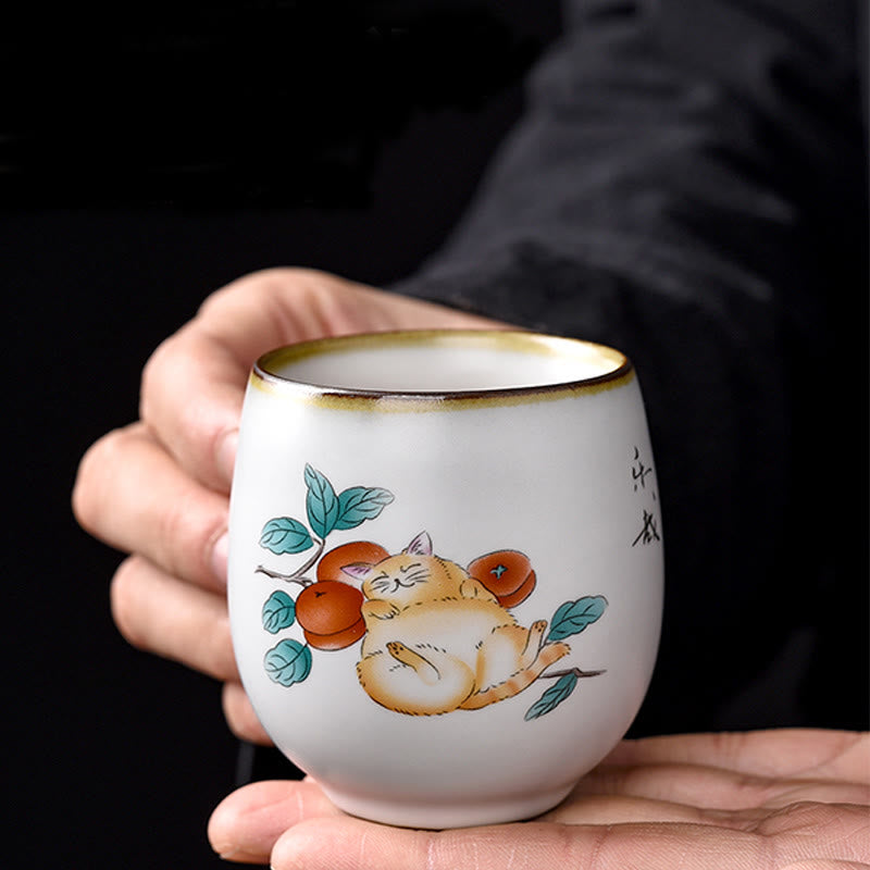Taza de té de kung fu con diseño de gato acostado y ramas de Buddha Stones con caja de regalo - image 3