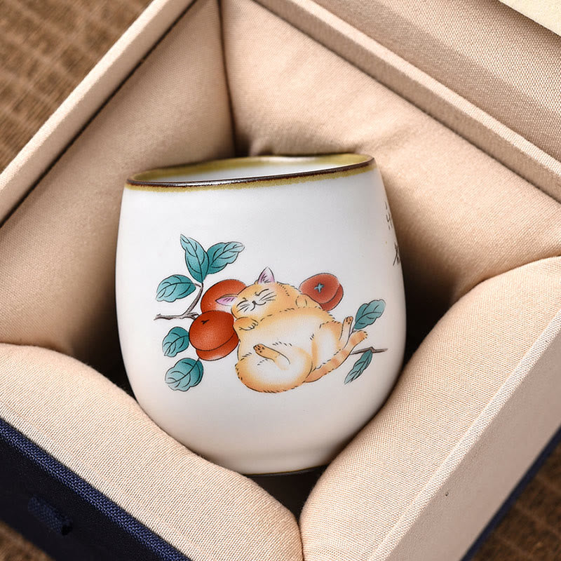 Taza de té de kung fu con diseño de gato acostado y ramas de Buddha Stones con caja de regalo - image 1