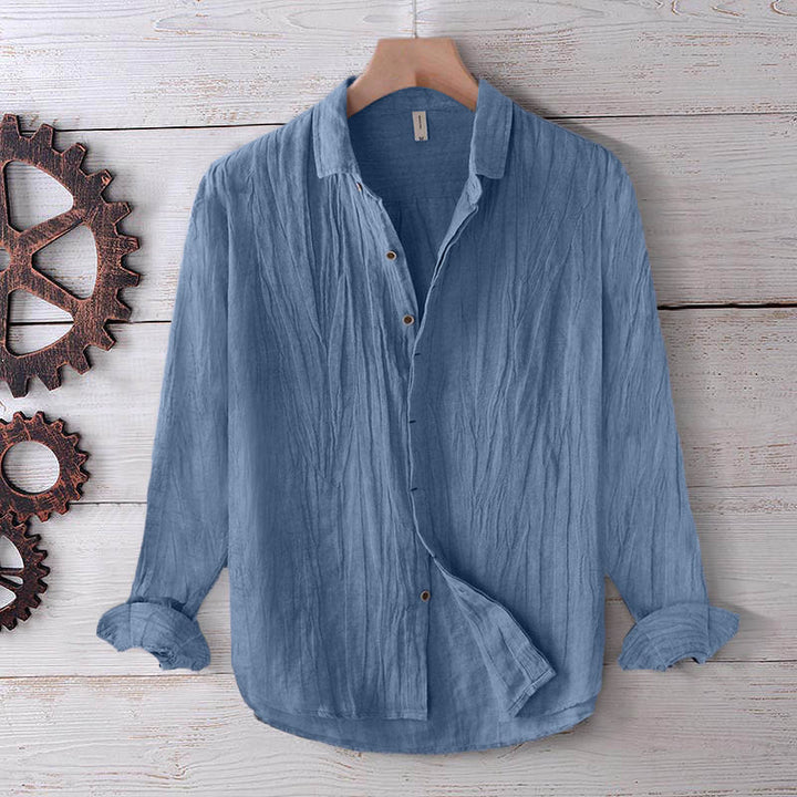 Camisa de hombre Buddha Stones, de lino y algodón, de manga larga, con solapa y botones, de color liso y cómoda. - Azul aciano - US/UK/AU50, UE60 (5XL) - image 0