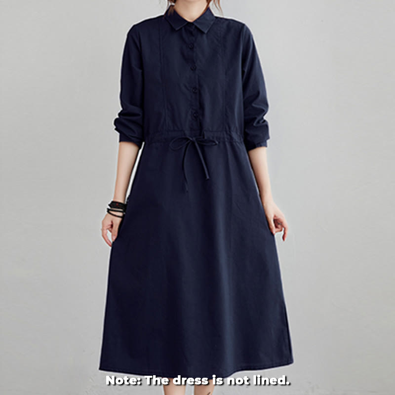 Vestido midi de algodón de manga larga con solapa, bolsillos y diseño de Buddha Stones Fall en color liso con cordones - image 1