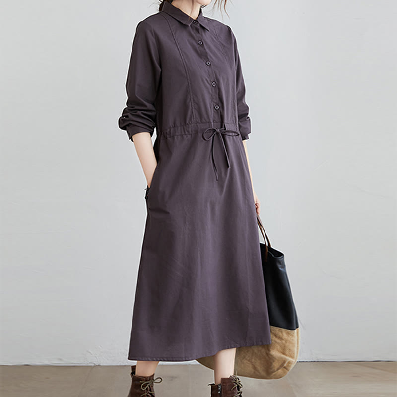 Vestido midi de algodón de manga larga con solapa, bolsillos y diseño de Buddha Stones Fall en color liso con cordones - image 12