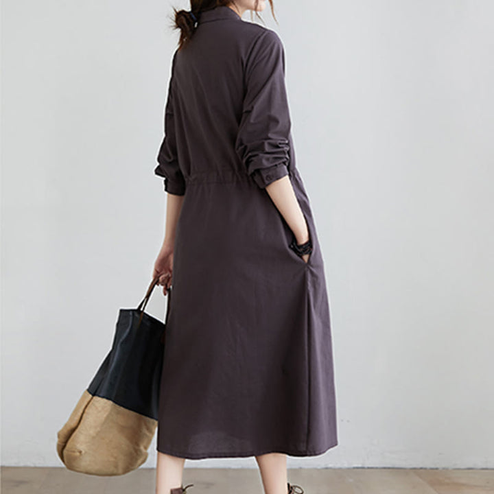 Vestido midi de algodón de manga larga con solapa, bolsillos y diseño de Buddha Stones Fall en color liso con cordones - image 13