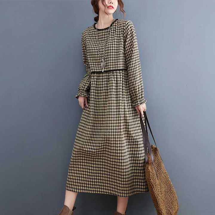 Vestido midi de algodón de manga larga con cuello redondo, volantes y bolsillos, estampado a cuadros otoñales de Buddha Stones - image 10