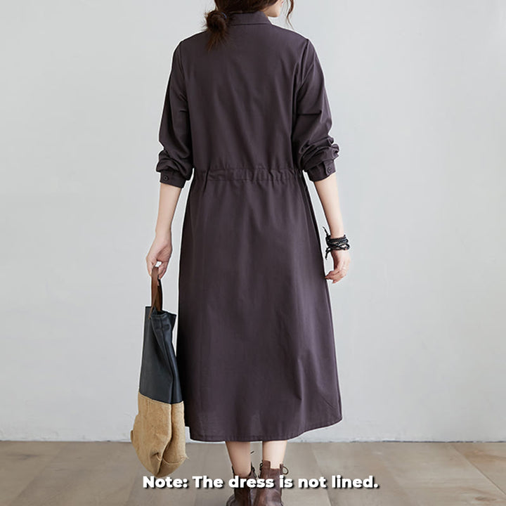 Vestido midi de algodón de manga larga con solapa, bolsillos y diseño de Buddha Stones Fall en color liso con cordones - image 6