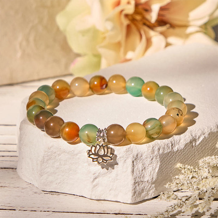 Pulsera de cuentas de ágata pavo real con símbolo de loto de plata de ley 925 y Buddha Stones - Ágata pavo real (circunferencia de la muñeca: 15-16 cm) - image 0