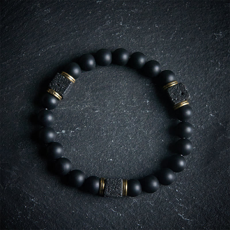 Pulsera de la fortuna con Buddha Stones de ónix negro esmerilado natural y piedra de lava cuadrada - 20 centímetros - image 0