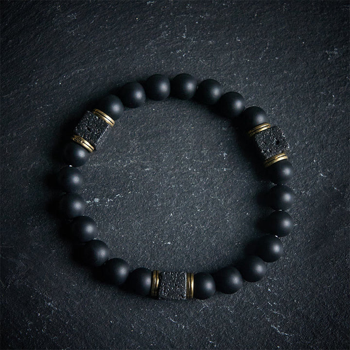 Pulsera de la fortuna con Buddha Stones de ónix negro esmerilado natural y piedra de lava cuadrada - 20 centímetros - image 0