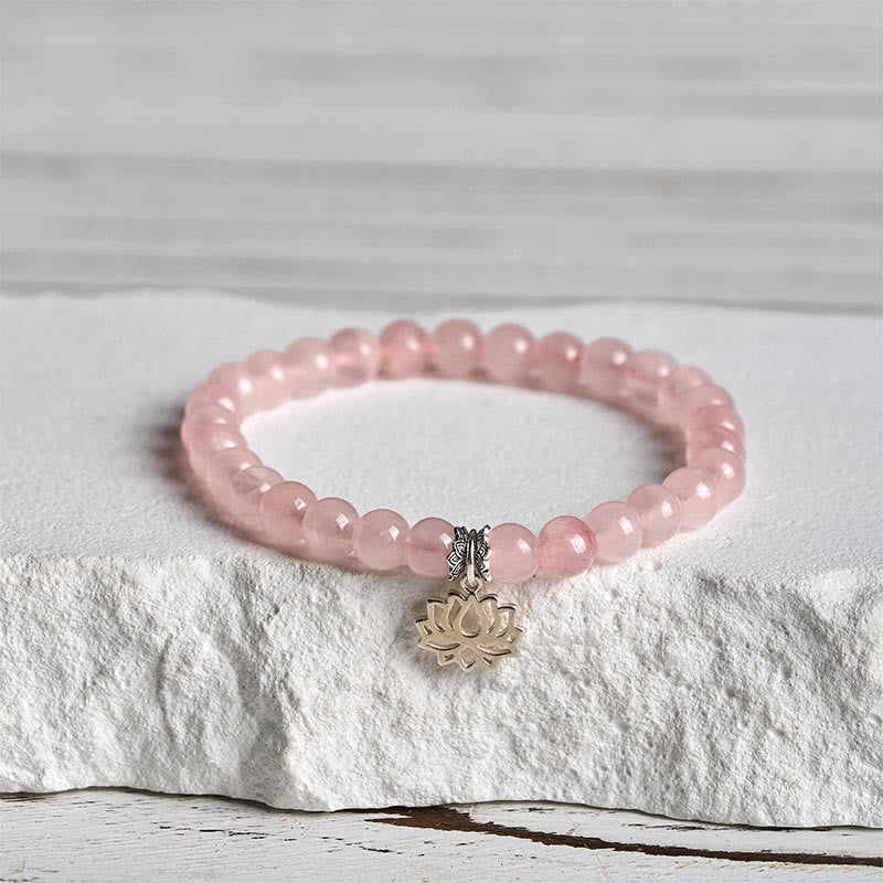 Pulsera relajante de cristal rosa natural con diseño de loto en plata de ley 925 con Buddha Stones - 20 centímetros - 6 mm - image 9