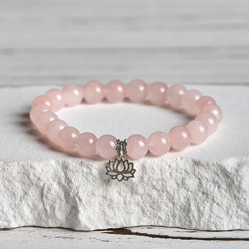 Pulsera relajante de cristal rosa natural con diseño de loto en plata de ley 925 con Buddha Stones - 20 centímetros - 8 mm - image 0