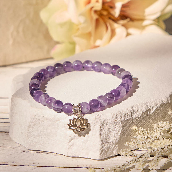 Pulsera de cuentas de equilibrio natural con diseño de loto y amatista de plata de ley 925 de Buddha Stones - image 11