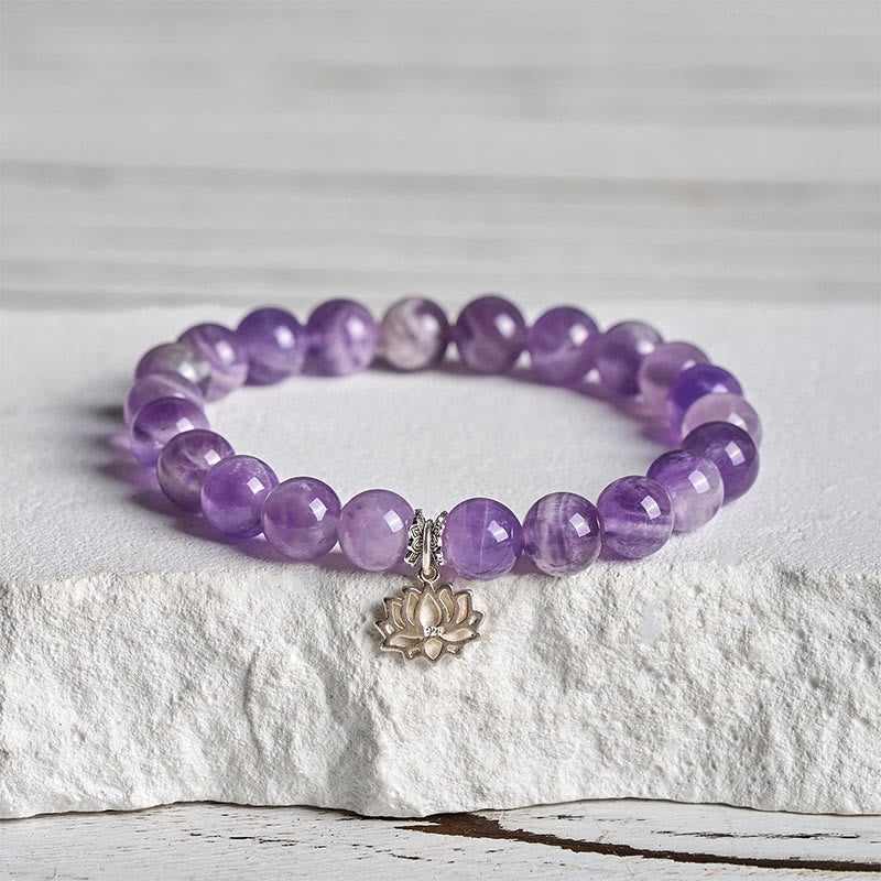 Pulsera de cuentas de equilibrio natural con diseño de loto y amatista de plata de ley 925 de Buddha Stones - 20 centímetros - 8 mm - image 0