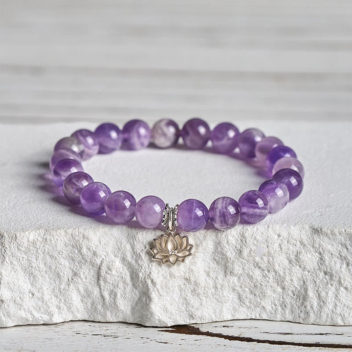 Pulsera de cuentas de equilibrio natural con diseño de loto y amatista de plata de ley 925 de Buddha Stones - 20 centímetros - 8 mm - image 0