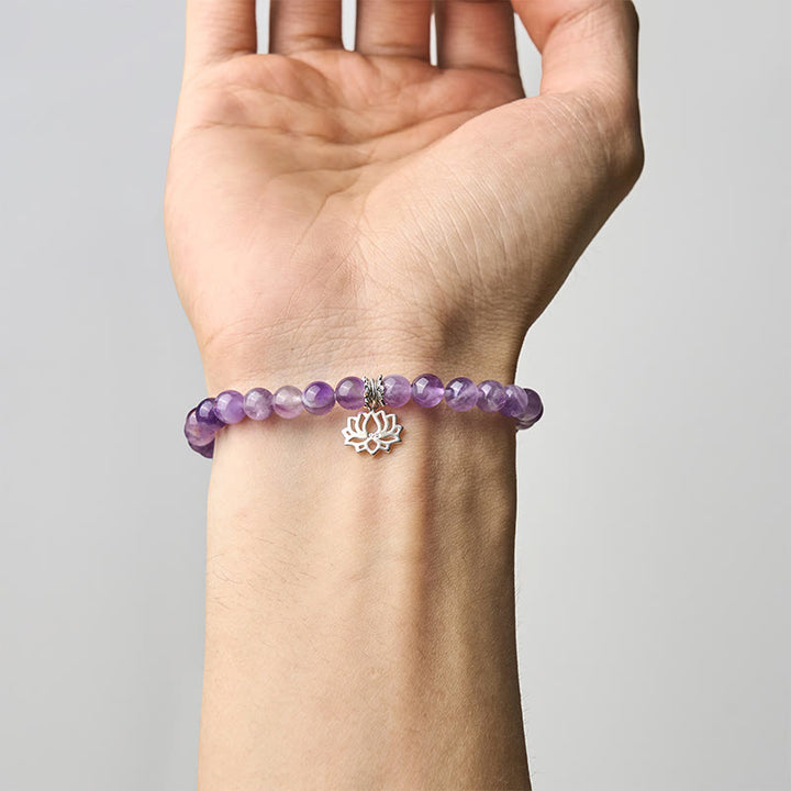 Pulsera de cuentas de equilibrio natural con diseño de loto y amatista de plata de ley 925 de Buddha Stones - image 14