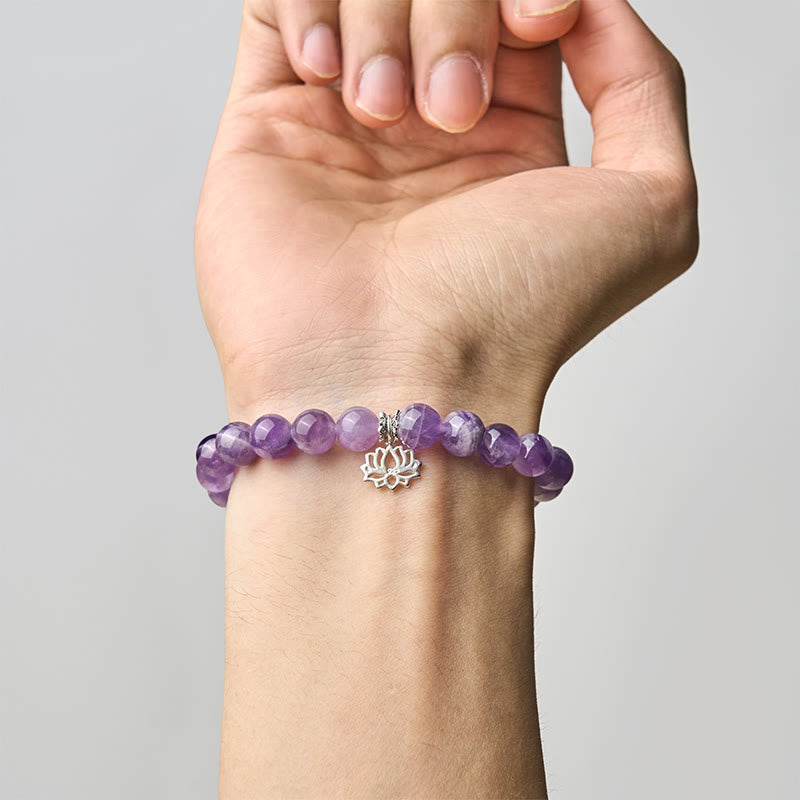 Pulsera de cuentas de equilibrio natural con diseño de loto y amatista de plata de ley 925 de Buddha Stones - image 4