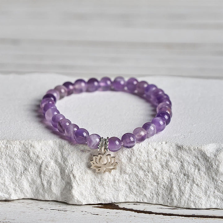 Pulsera de cuentas de equilibrio natural con diseño de loto y amatista de plata de ley 925 de Buddha Stones - 20 centímetros - 6 mm - image 10