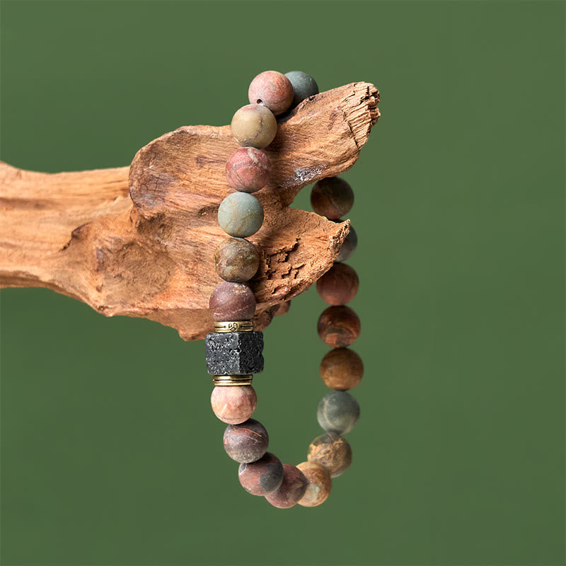 Pulsera de coraje de piedra de lava cuadrada de jaspe Picasso natural de Buddha Stones - image 3