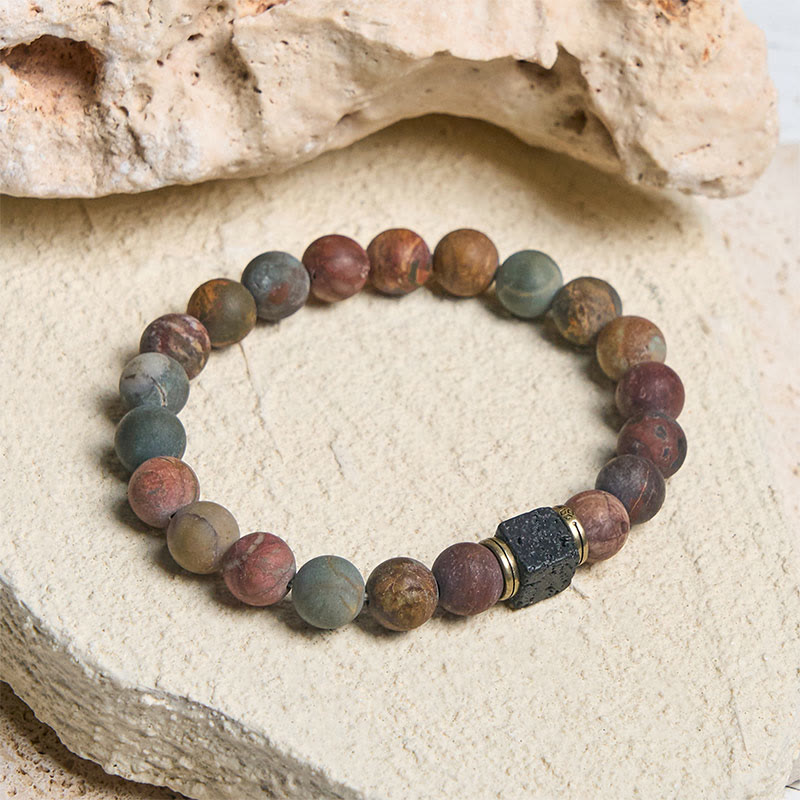 Pulsera de coraje de piedra de lava cuadrada de jaspe Picasso natural de Buddha Stones - 21 centímetros - image 0