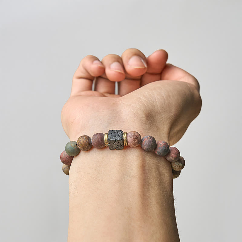 Pulsera positiva de piedra de lava cuadrada de jaspe Picasso natural de Buddha Stones - image 4