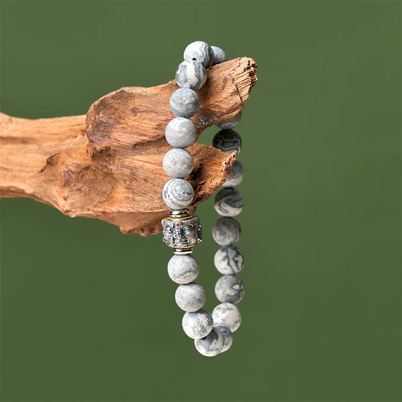 Pulsera de jaspe gris esmerilado natural con Buddha Stones y protección curativa para el rostro de Buda - image 3