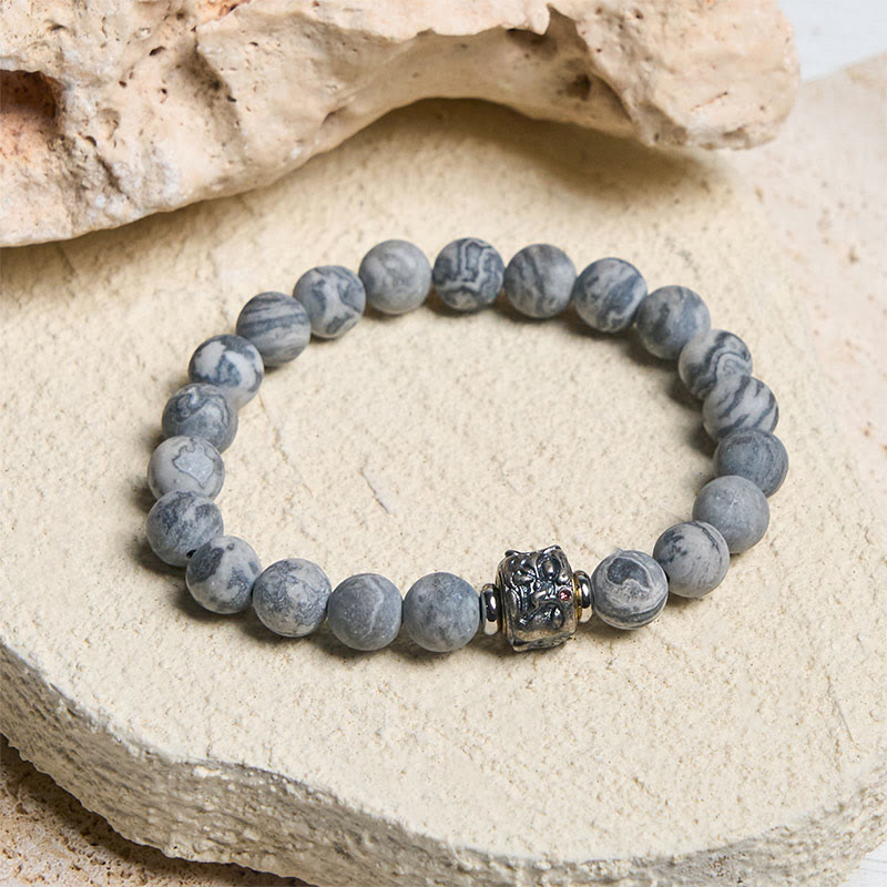 Pulsera de jaspe gris esmerilado natural con Buddha Stones y protección curativa para el rostro de Buda - image 2