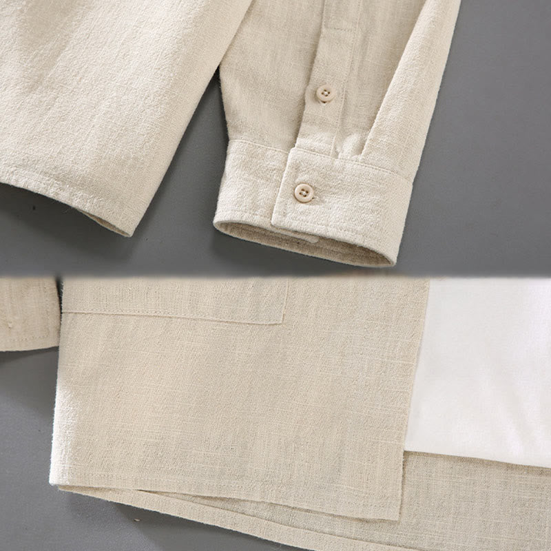 Camisa de manga larga con botones y bolsillos de algodón ramio para hombre, color liso, con Buddha Stones - image 5