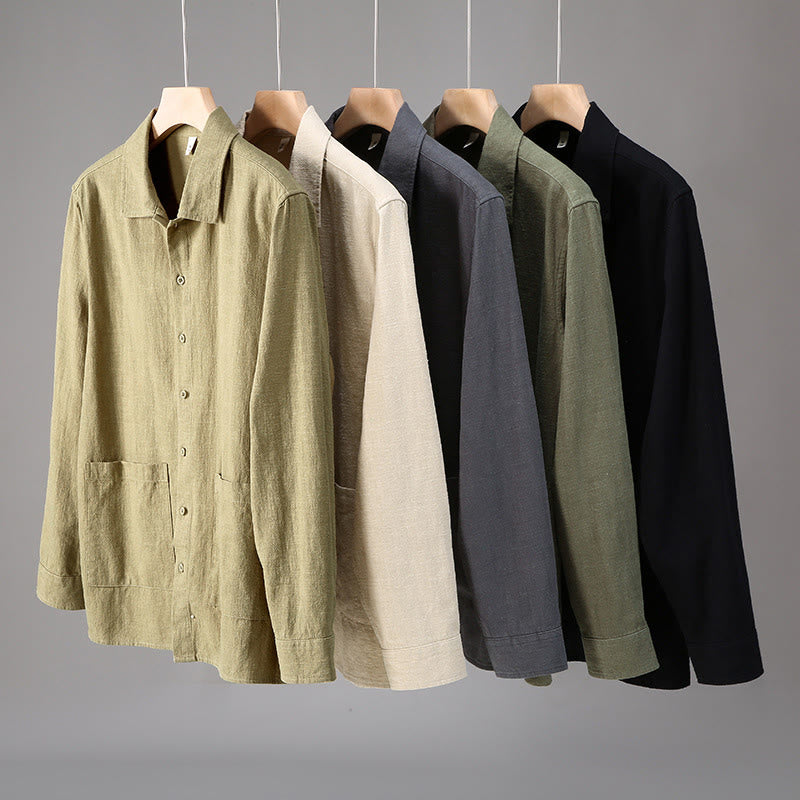 Camisa de manga larga con botones y bolsillos de algodón ramio para hombre, color liso, con Buddha Stones - image 11