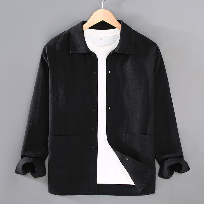 Camisa de manga larga con botones y bolsillos de algodón ramio para hombre, color liso, con Buddha Stones - Negro - US/UK/AU42, EU52 (3XL) - image 9