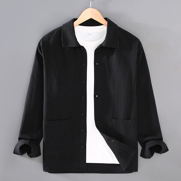 Camisa de manga larga con botones y bolsillos de algodón ramio para hombre, color liso, con Buddha Stones - Negro - US/UK/AU42, EU52 (3XL) - image 9