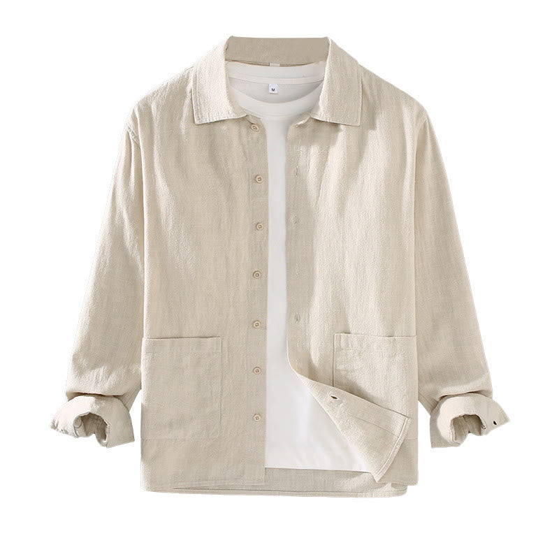 Camisa de manga larga con botones y bolsillos de algodón ramio para hombre, color liso, con Buddha Stones - image 6