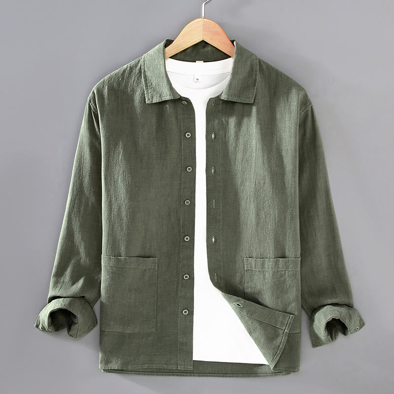 Camisa de manga larga con botones y bolsillos de algodón ramio para hombre, color liso, con Buddha Stones - Verde oliva oscuro - US/UK/AU42, EU52 (3XL) - image 10
