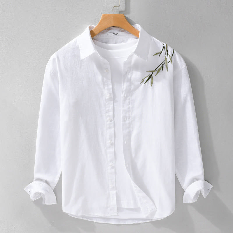 Camisa de lino y algodón de manga larga para hombre con bordado de Buddha Stones - Blanco - US/UK/AU42, EU52 (3XL) - image 5
