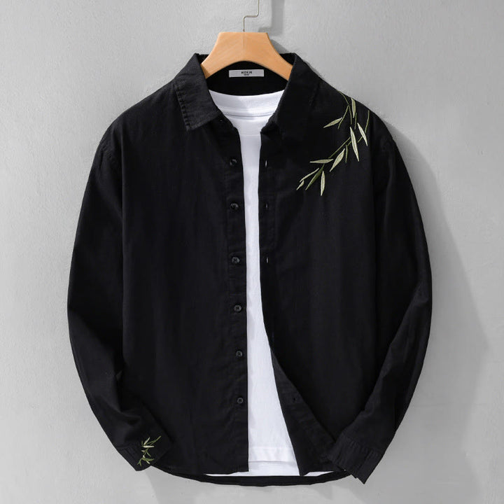 Camisa de lino y algodón de manga larga para hombre con bordado de Buddha Stones - Negro - US/UK/AU42, EU52 (3XL) - image 0