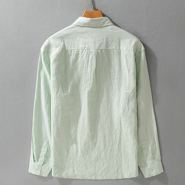 Camisa de lino puro de manga larga con botones y solapa de color liso para hombre de Buddha Stones - image 6