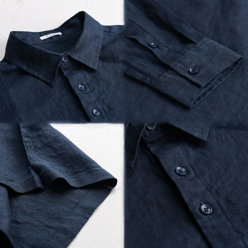 Camisa de lino puro de manga larga con botones y solapa de color liso para hombre de Buddha Stones - image 4